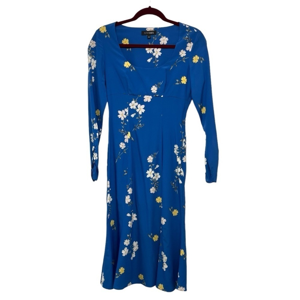 Intermix Mariabella Blue Silk Floral Long Sleeve Scoop Neck Dress Women’s 0 - Picture 5 of 12